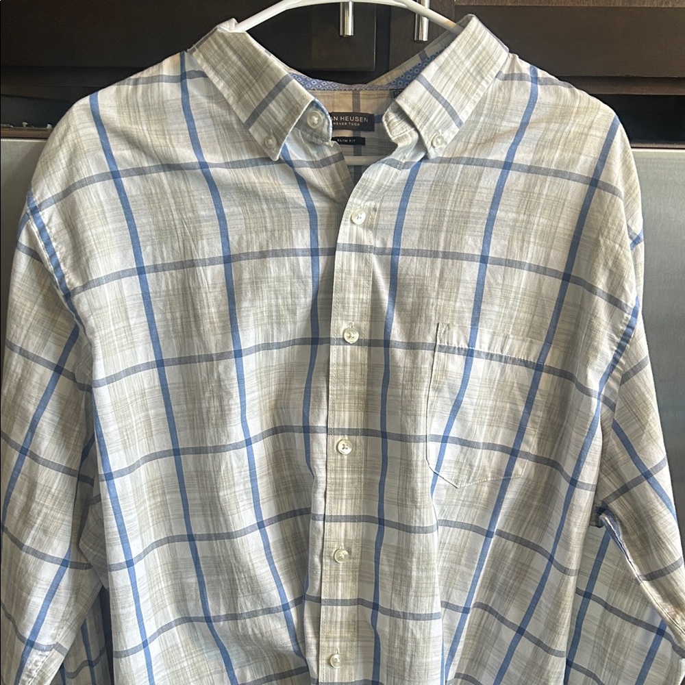 Van Huesen Men's Light Blue and White Check Shirt